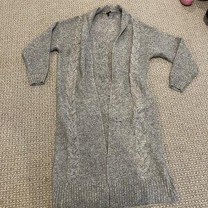 Express Cardigan Womens Large Cable Knit Fisherman Long Gray  Sweater Collar Slv